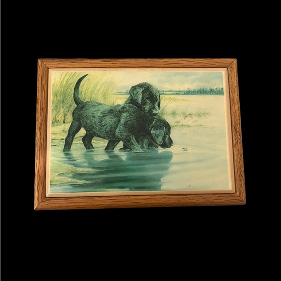 VTG Kimberly Graphic Art Tile Black Labrador Retrievers Wood Trinket Jewelry Box - Picture 2 of 11